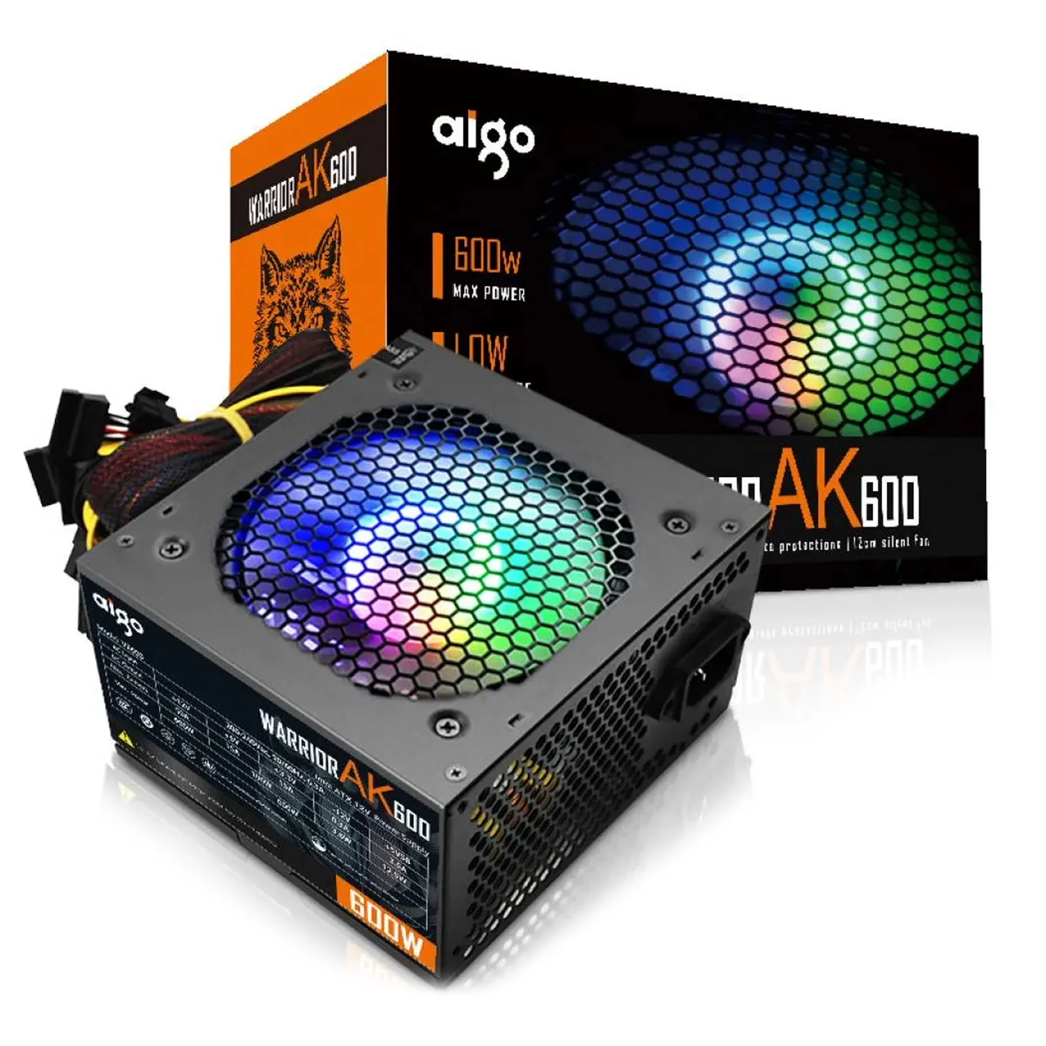 Fonte Aigo AK600 600W Real ATX 600W PFC Ativo 220V RGB - Preto