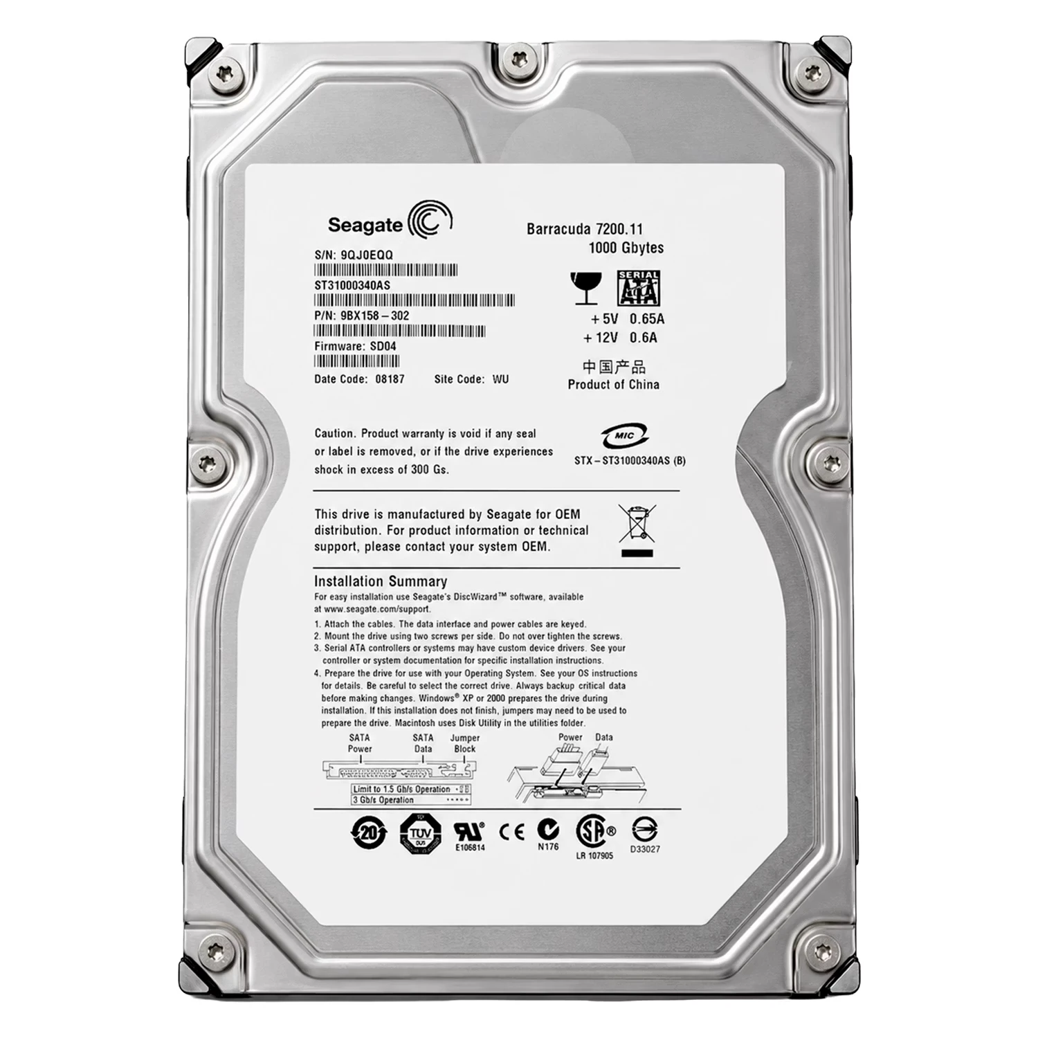 HD Seagate Barracuda Pull 1TB 3.5" SATA 2 7200RPM - ST31000340AS