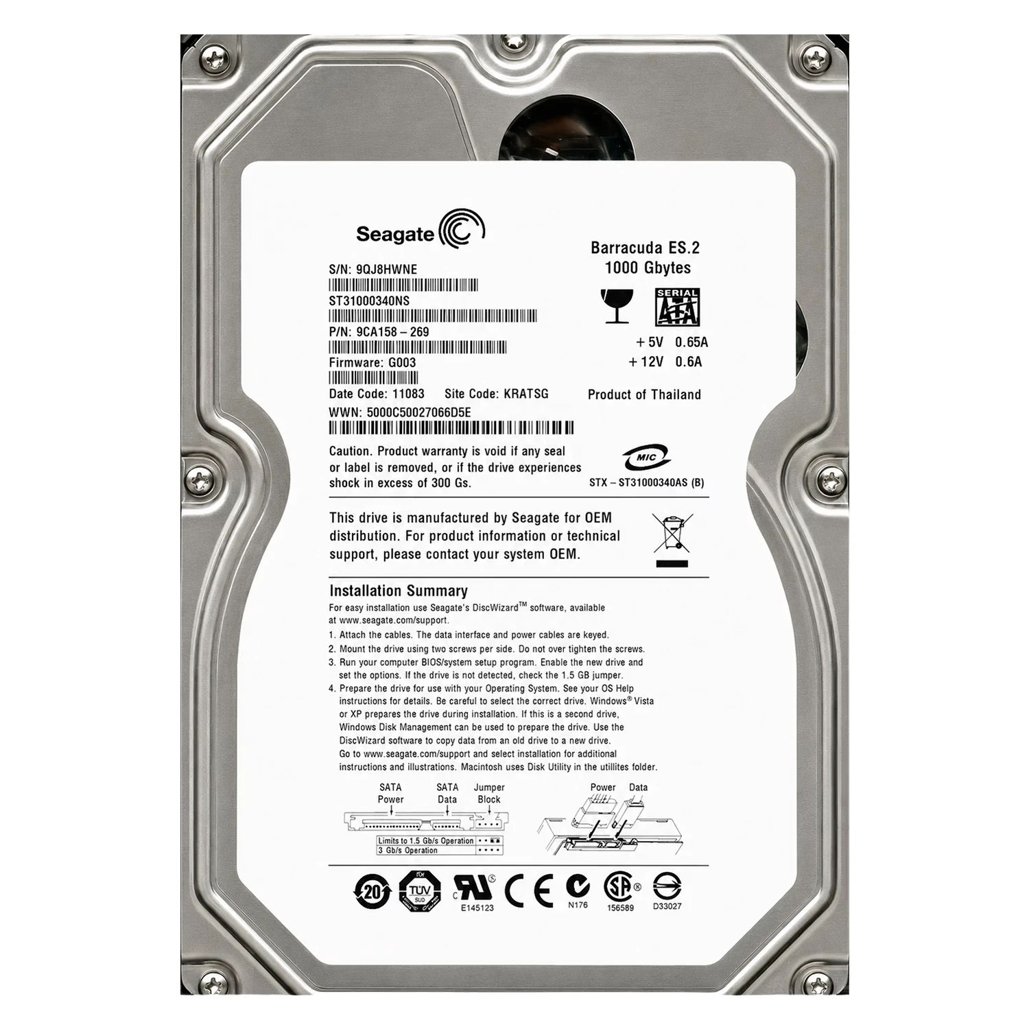 HD Seagate Barracuda Pull 1TB 3.5" SATA 2 7200RPM -  ST31000340NS