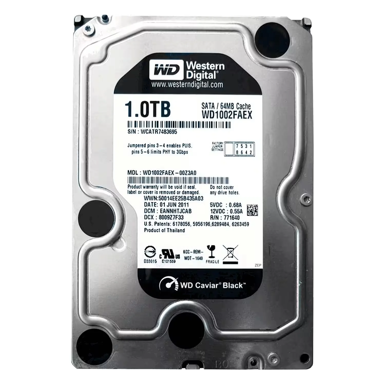 HD Western Digital Caviar Black 1TB / 7200RPM / 64MB / PULL / SATA3 - (WD1002FAEX)