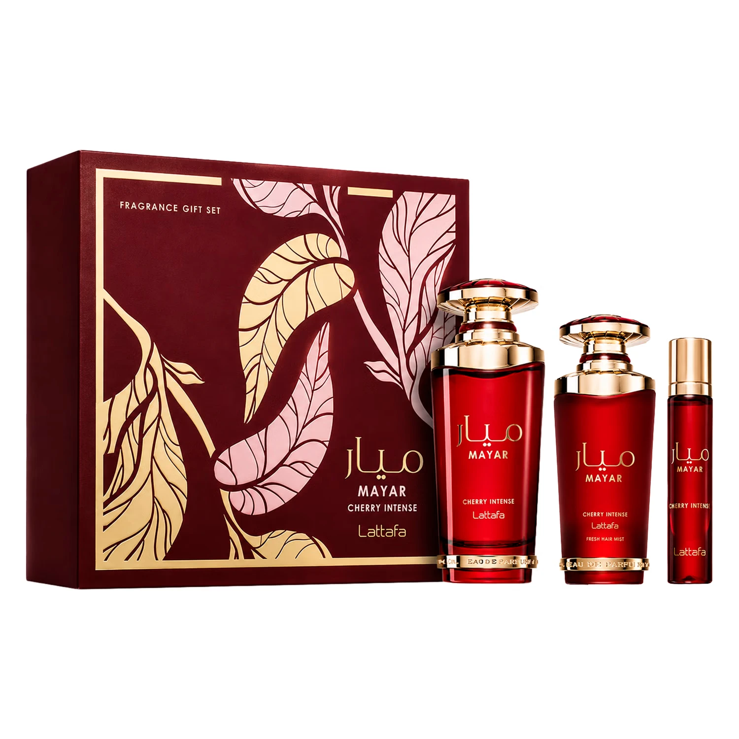 Kit Perfume Lattafa Mayar Cherry Intense Eau de Parfum Unissex 100ml + Perfume Miniatura 12ml + Hair Mist 50ml